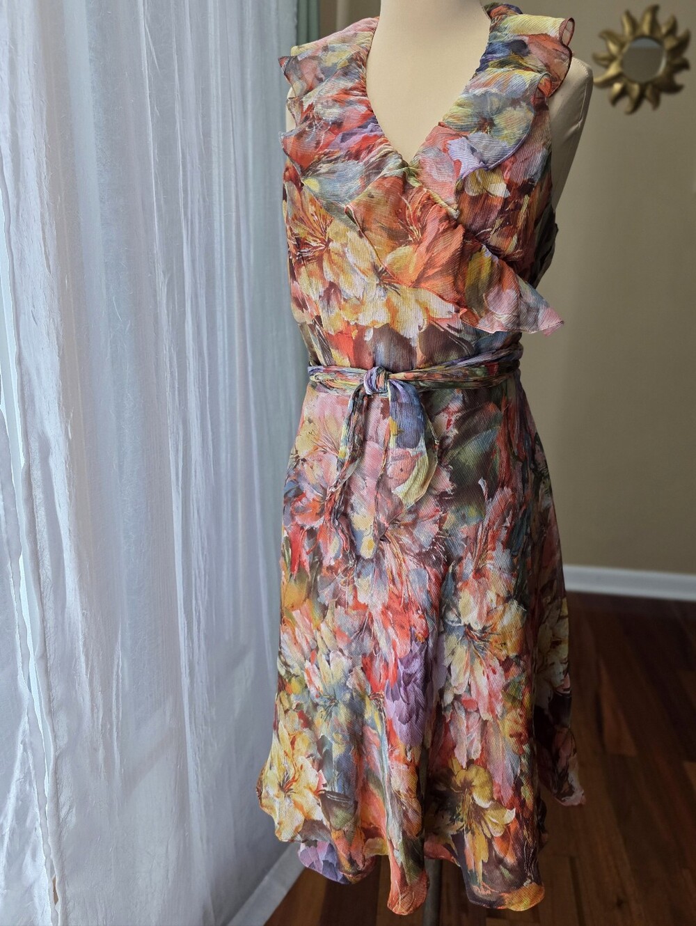 Vintage Ralph Lauren 100% Silk Floral Wrap Dress Cascading Ruffle Midi Size 12